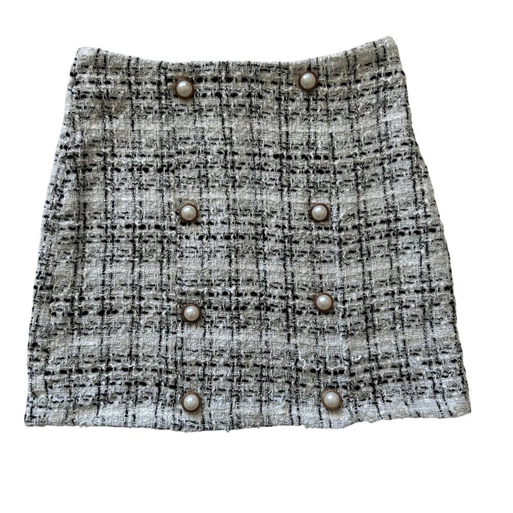Shein Black & White Tweed Pearl‎ Button Mini Skirt - Size Small